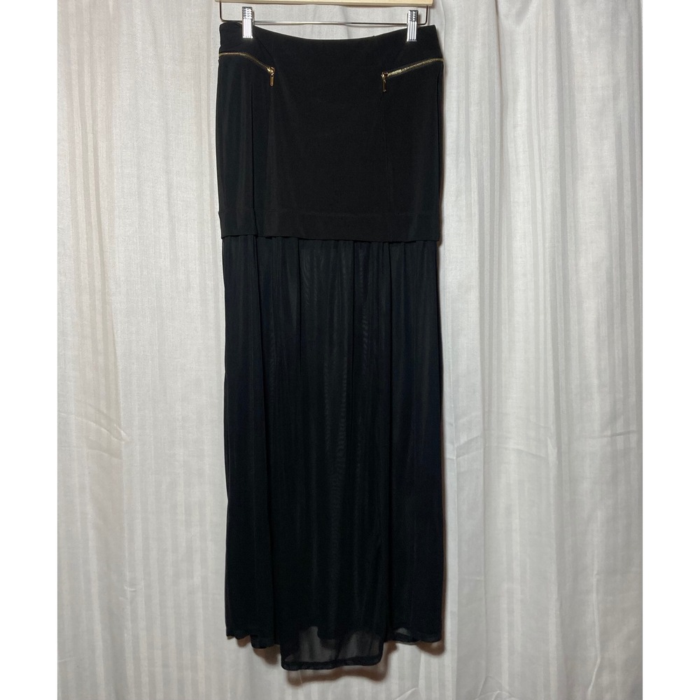 Whimsigoth Edgy Black Skirt Black Mesh Tiered Maxi Gold Zipper Accents 28 ONLY
